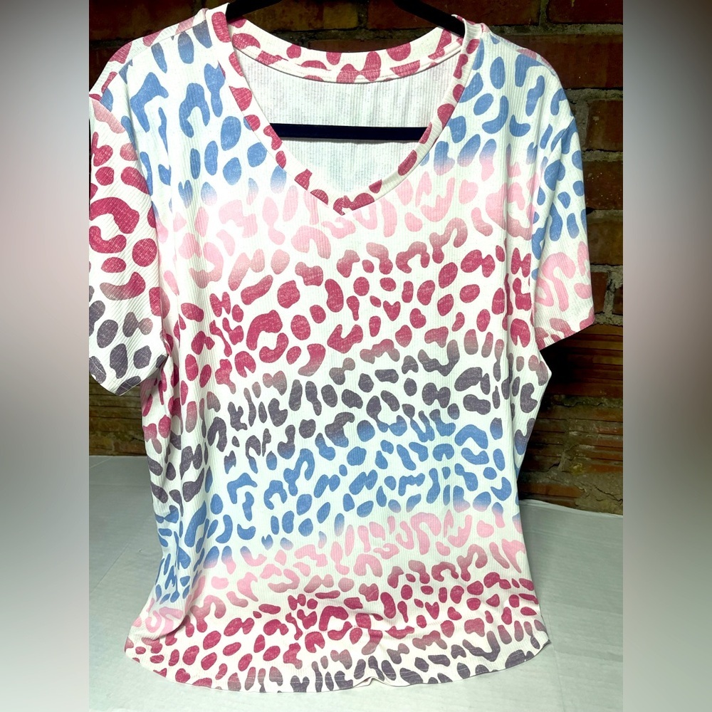 V Neck Multicolor Leopard Print‎ Women's Top 3x